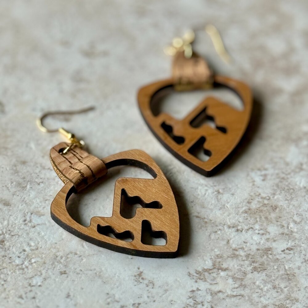 Mountain Cutout Earrings | Wood & Cork Dangle Earrings | Hypoallergenic Gold